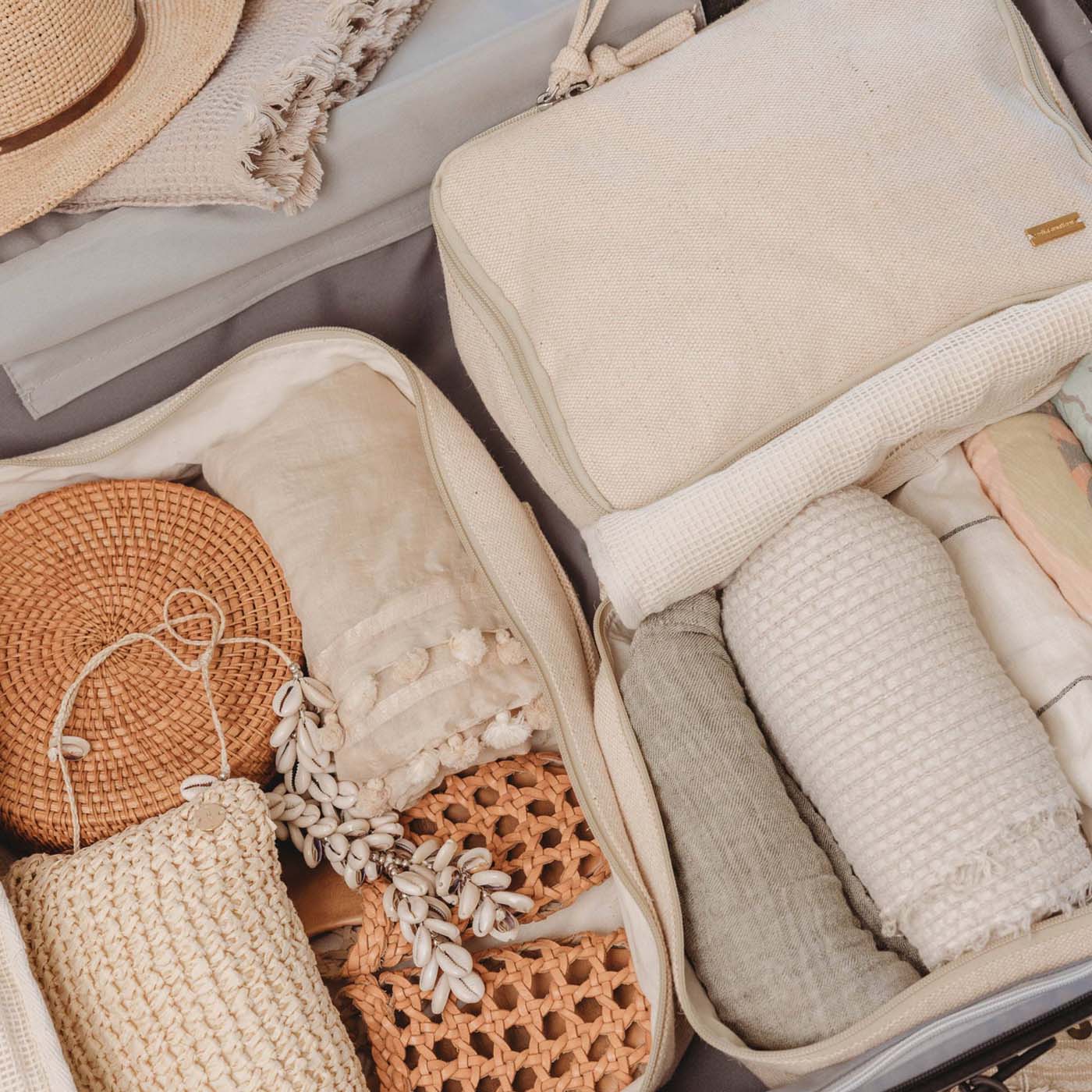 Beige Large Travel Packing Cubes Set of 3 that fits Suitcase or Backpack