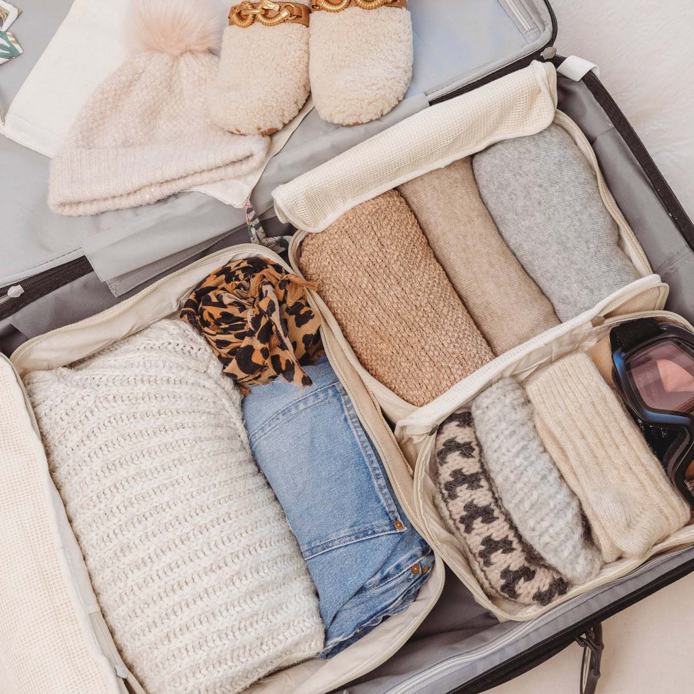 Beige Large Travel Packing Cubes Set of 3 perfectly fits in the Suitcase