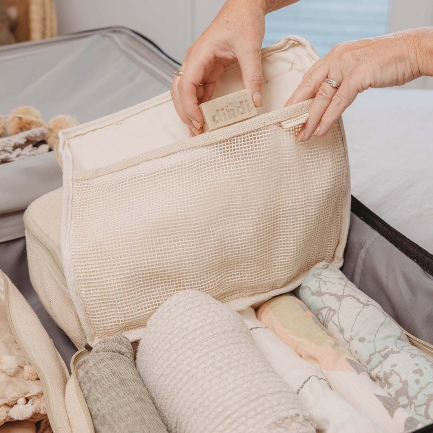 Beige Large Travel Packing Cube that Fits Your Towels, Bikinis, Dindi Soap, Etc.,