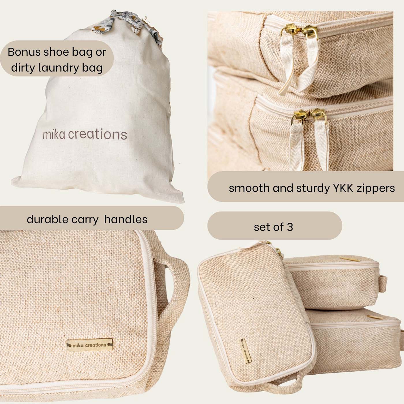 Beige Travel Packing Cubes Set of 3 for Carry-on or for Kids with Bonus Shoe or Laundry Bag.