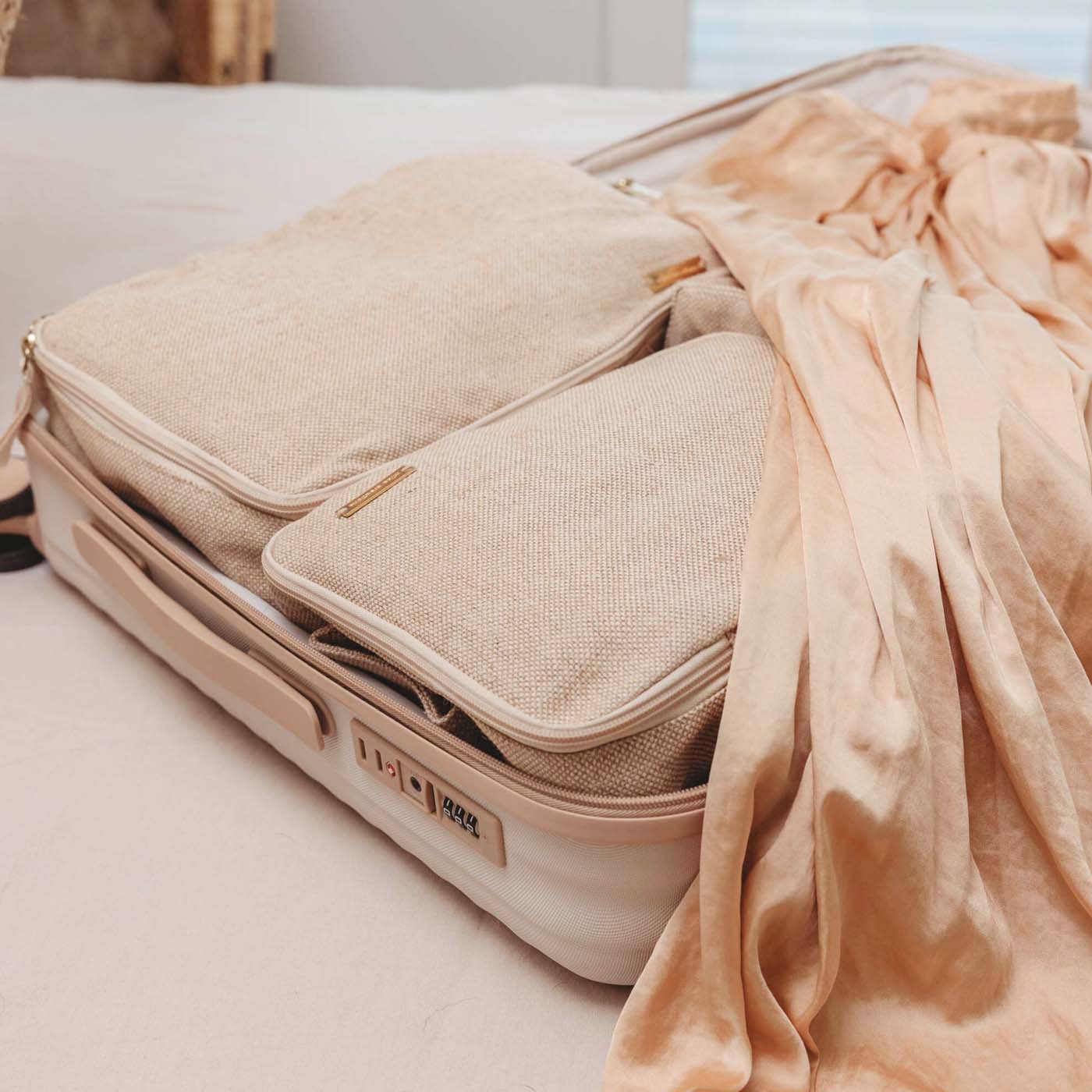 Beige Travel Packing Cubes Set of 3 for Carry-on or for Kids in a Suitcase.
