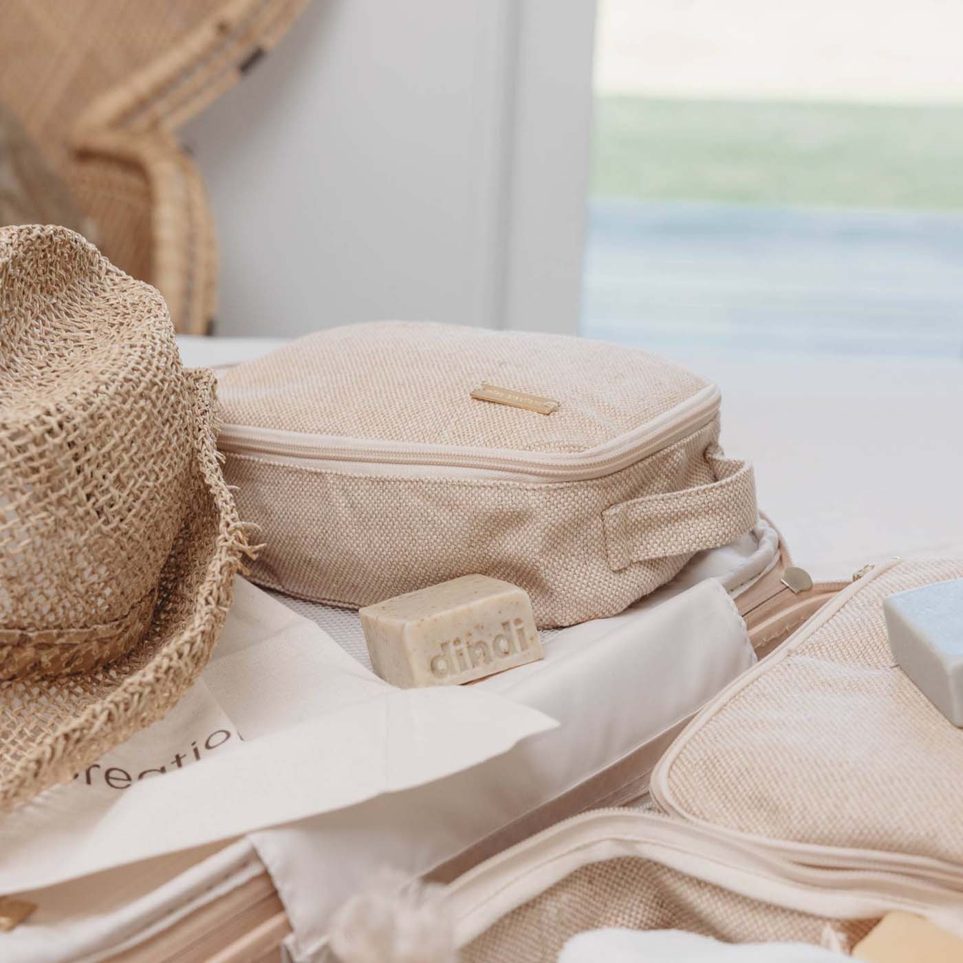 Beige Travel Packing Cubes Set of 3 for Carry-on or for Kids that fits Suitcase or Backpack with Dindi Soap