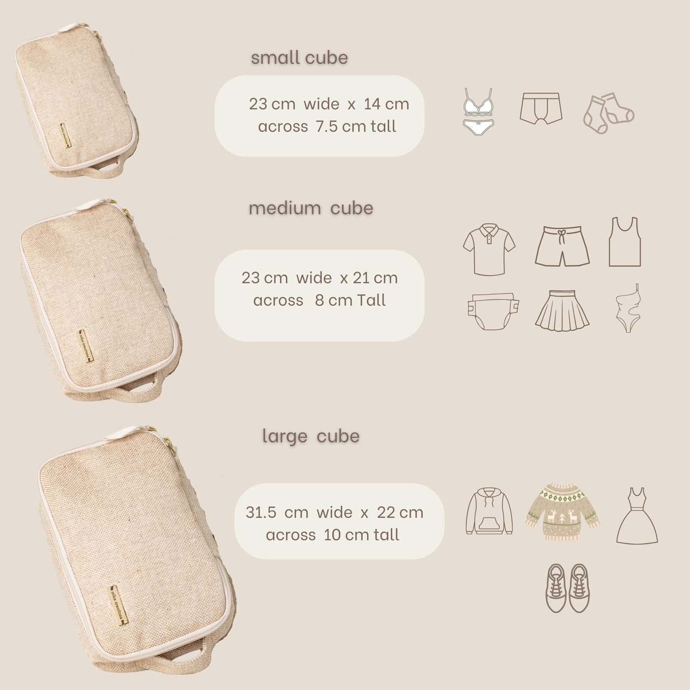 Beige Travel Packing Cubes Set of 3 for Carry-on or for Kids in 3 Sizes: Small, Medium and Large.