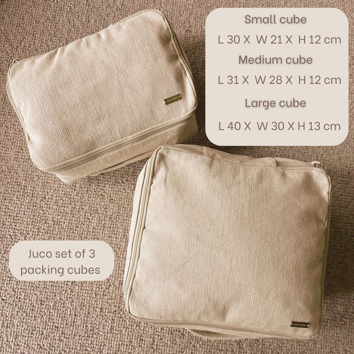 Beige Large Travel Packing Cube Made From Sustainable Jute & Cotton in 3 Sizes: Small, Medium and Large