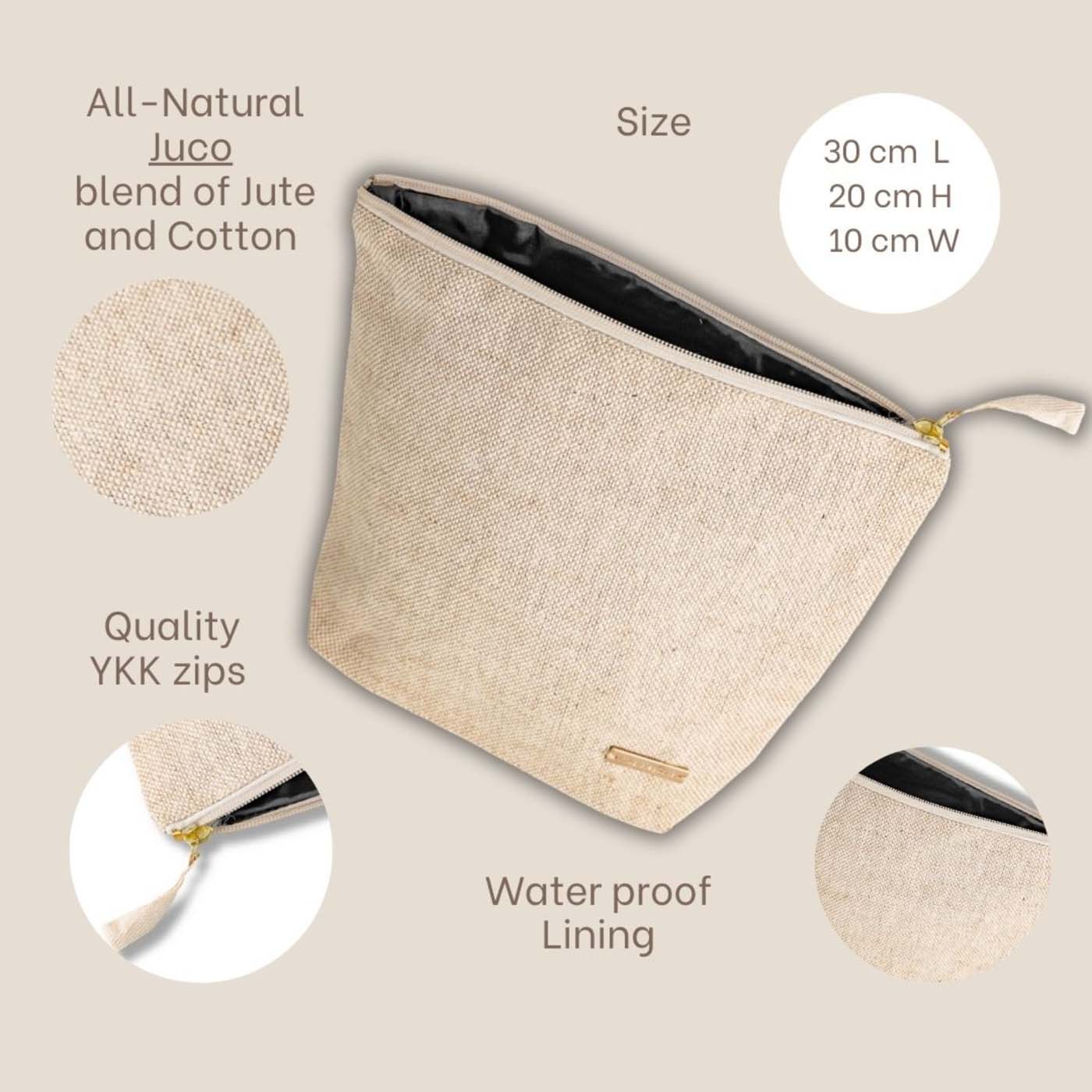 Wet bag with Waterproof Lining, Wet bikini Bag, Make-Up / Toiletry Bag - Beige