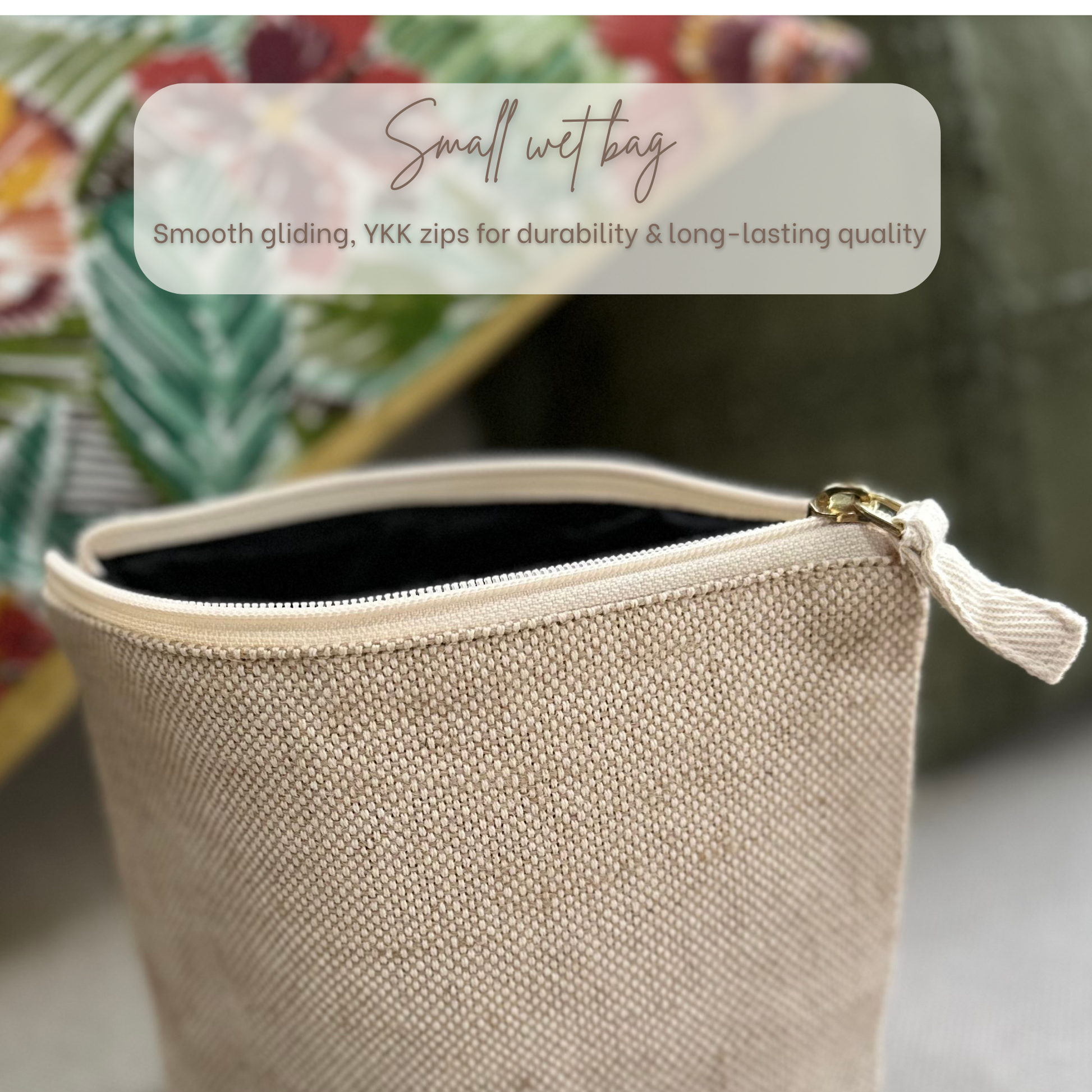 Small beige wet bag with YKK zipper