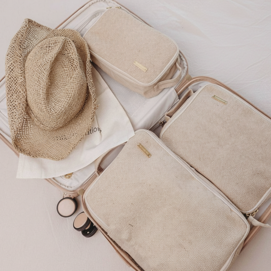 Travel Packing Cubes, set of 3 for Carry-on or for Kids, Natural Sustainable Juco (Jute & Cotton) Beige