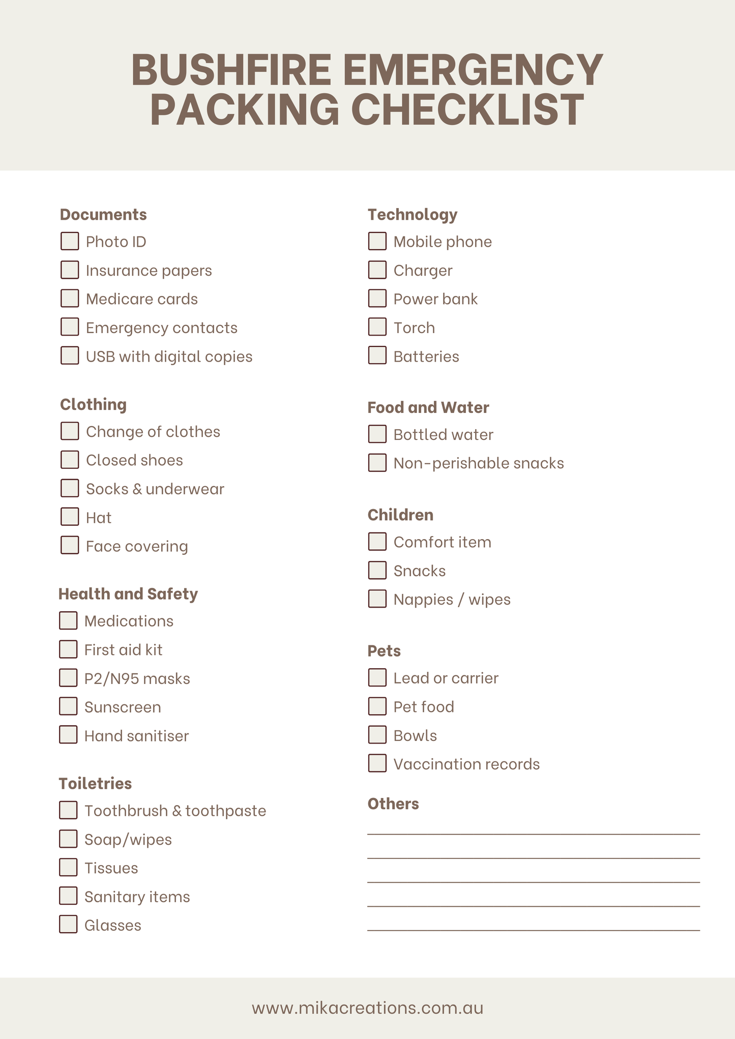 Bushfire Emergency Packing Checklist