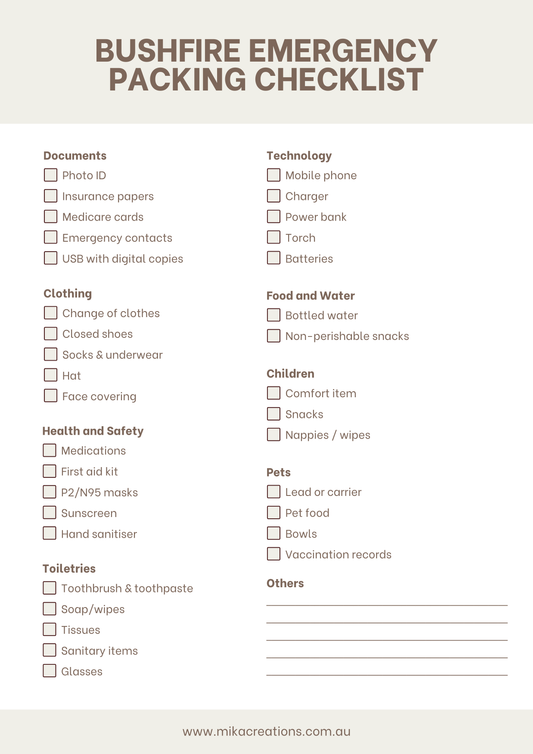 Bushfire Emergency Packing Checklist