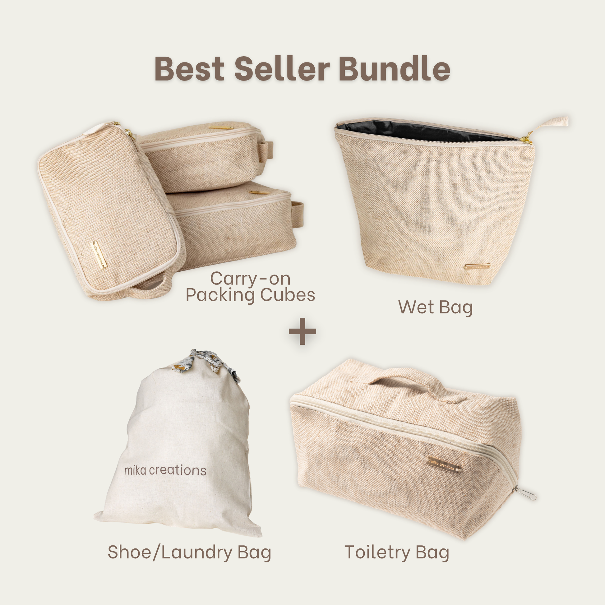 Best Seller Bundle featuring a set of beige and off-white travel organization bags, including carry-on packing cubes, a wet bag, a shoe/laundry bag, and a toiletry bag, arranged on a light beige background with descriptive labels.