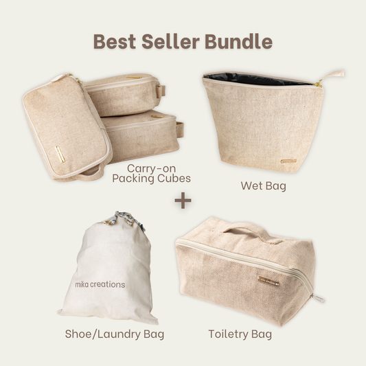 Best Seller Bundle featuring a set of beige and off-white travel organization bags, including carry-on packing cubes, a wet bag, a shoe/laundry bag, and a toiletry bag, arranged on a light beige background with descriptive labels.