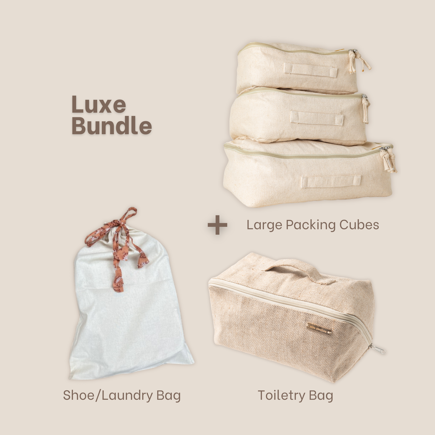 Luxe Packing Bundle (5 pcs) – Packing Cubes (Set of 3), Toiletry Bag & Shoe Bag, Natural Sustainable Juco & Cotton Beige
