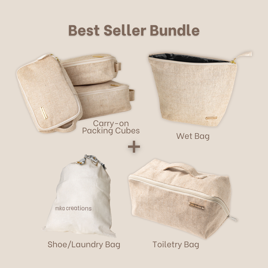 Best Seller Bundle Travel Essentials (6 pcs) – Carry-on Cubes (Set of3), Toiletry, Wet & Shoe Bag, Natural Sustainable Juco & Cotton Beige