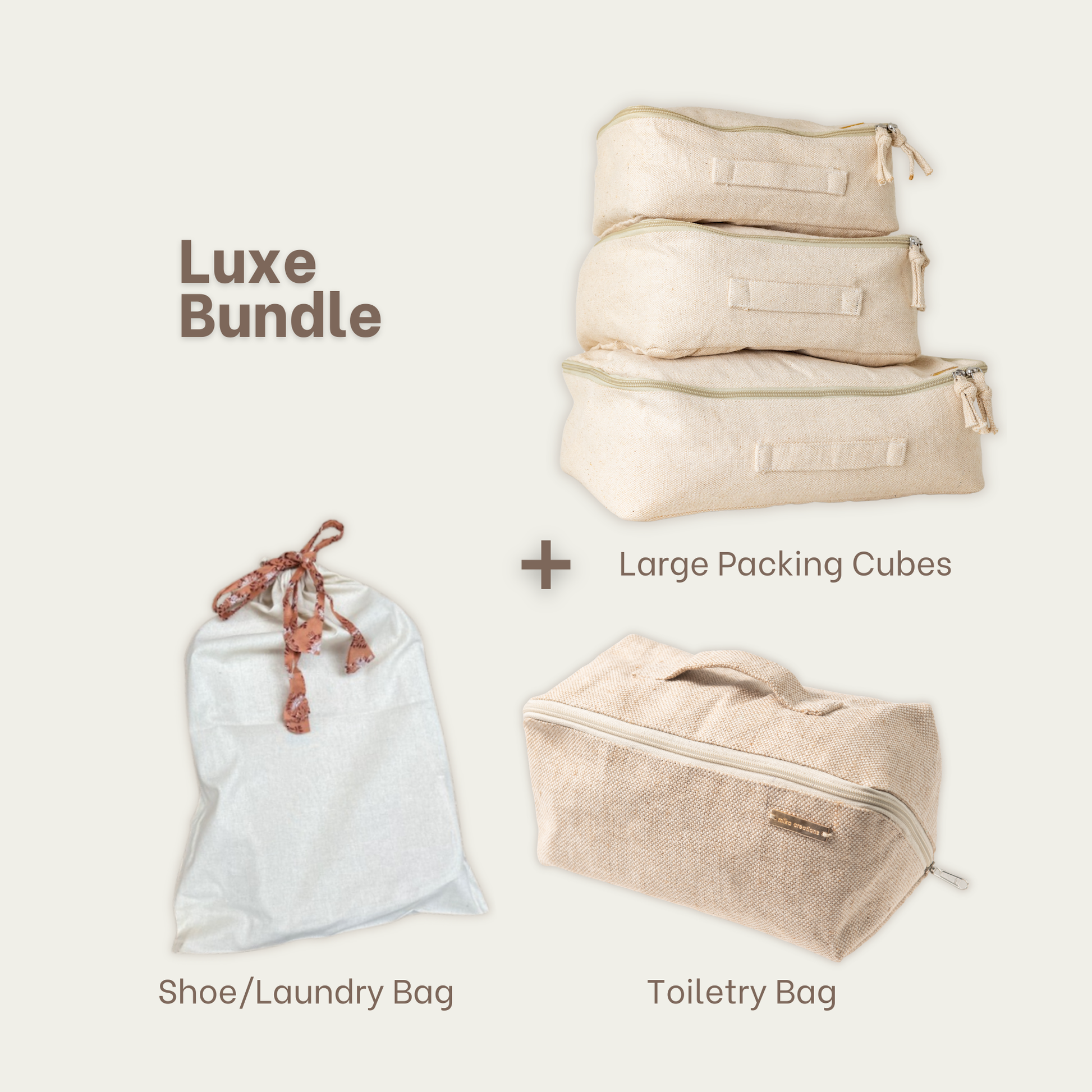 Luxe Bundle set featuring a light blue-gray drawstring shoe and laundry bag, a stack of three beige packing cubes, and a beige toiletry bag on a light beige background with descriptive text labels.