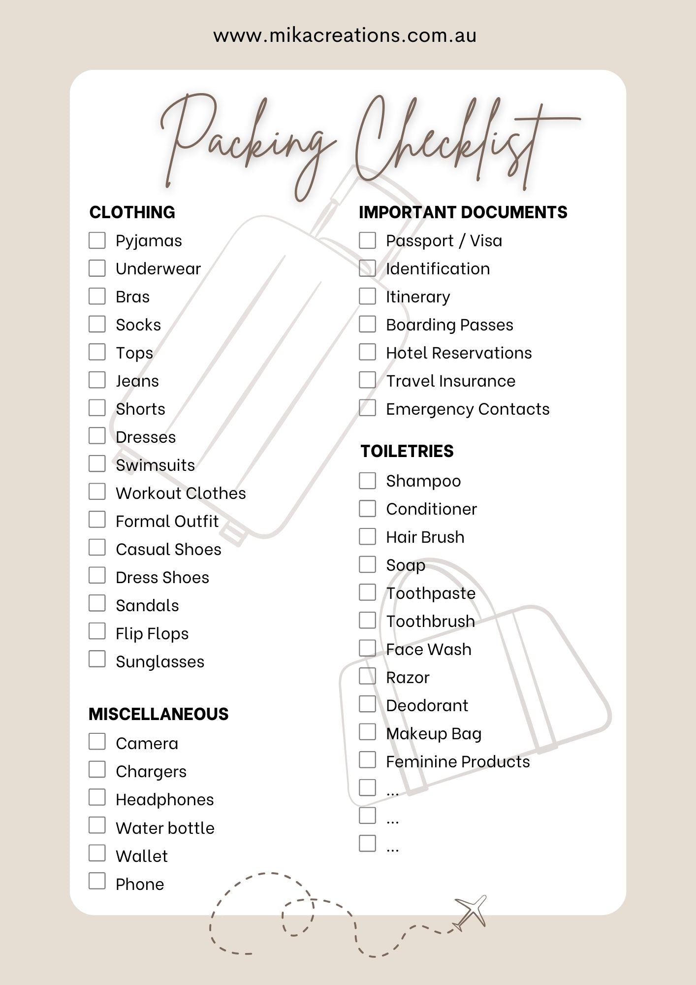 Free A4 travel checklist