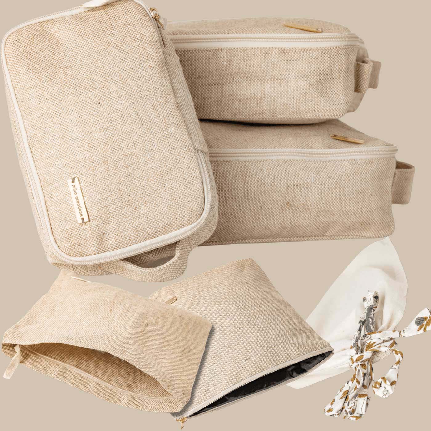 Set of 6 travel packing cubes in beige jute and cotton, including cubes, wet bag, tech bag, and shoe/laundry bag