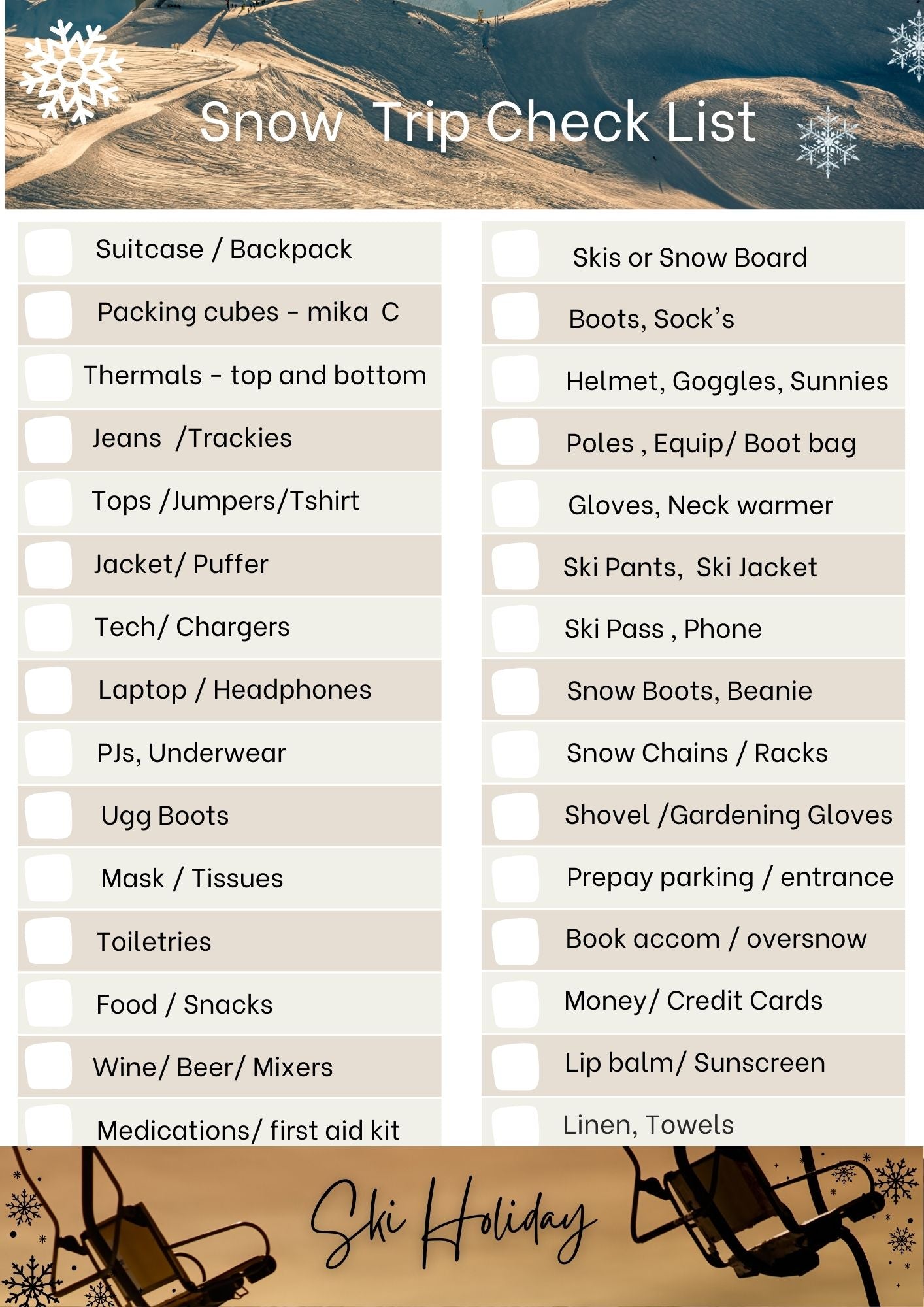 Snow Holiday Travel Check List