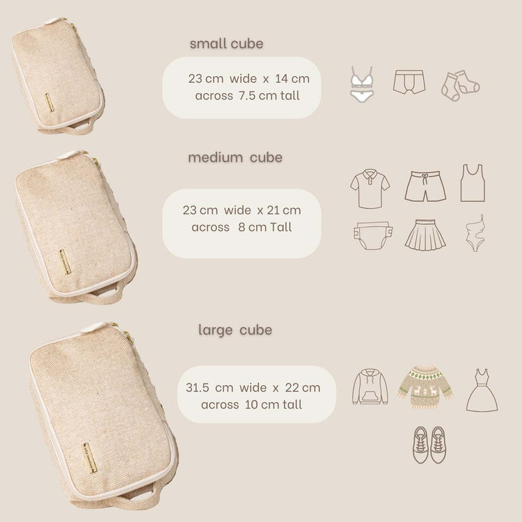 Beige Travel Packing Cubes Set of 3 for Carry-on or for Kids in 3 Sizes: Small, Medium and Large. 