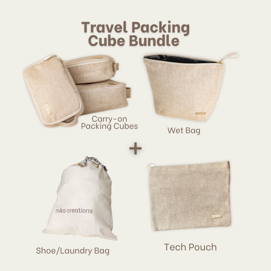 Travel Packing Cube Bundle - Set of 6 includes 3  Packing Cubes, a Wet bag, a Tech Bag & a Shoe/ Laundry Bag, Natural Jute & Cotton, Beige
