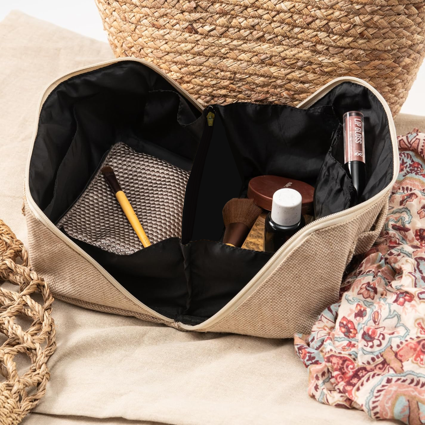 Travel Make-up Bag, Flat lay  Make-Up Organiser with Divider and Handle, Cosmetic Bag